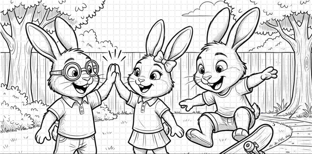 Stanley Rabbitowski and friends high-fiving with a skateboard — an inventor's sketch