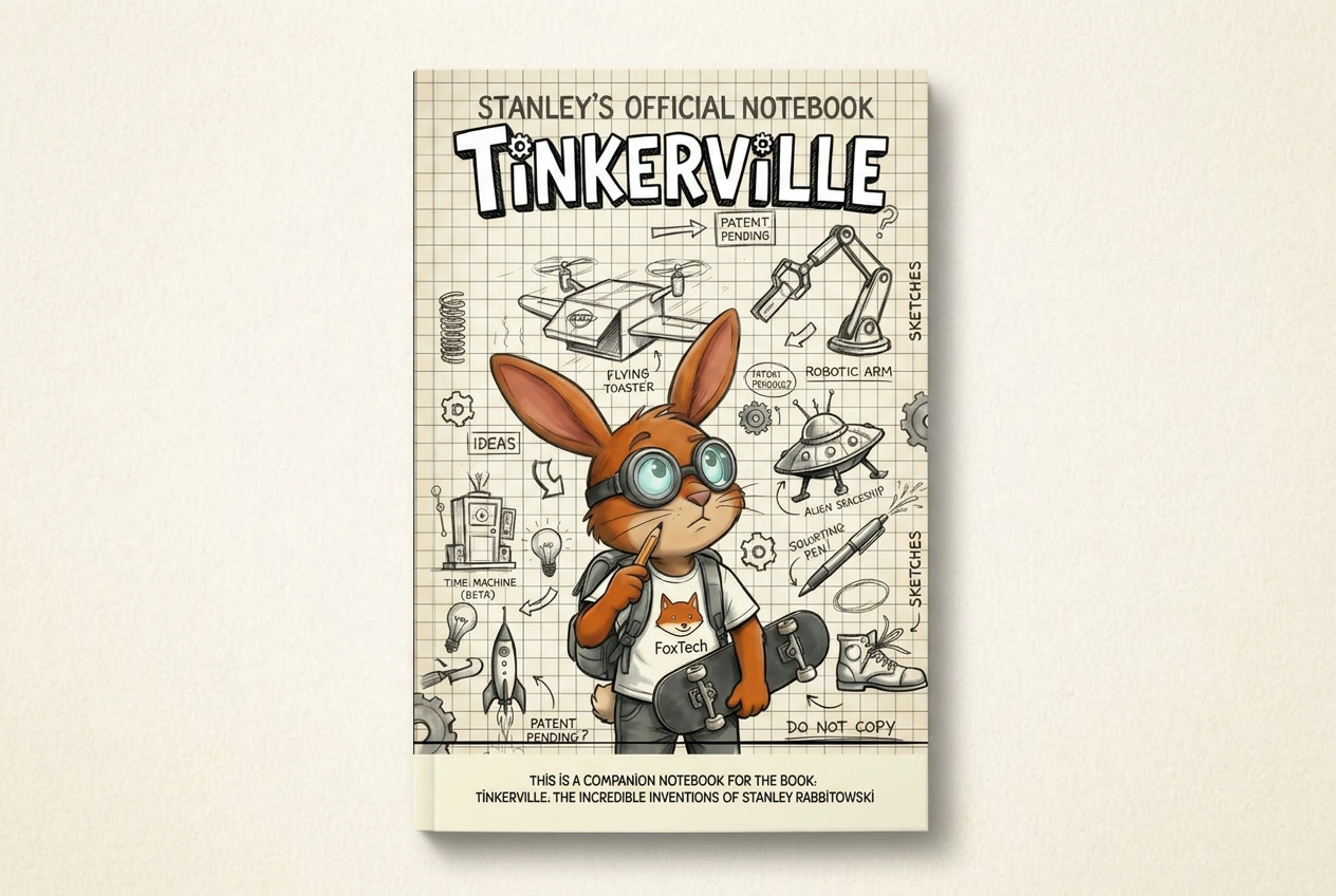 Front cover of Stanley's Official Notebook, a Tinkerville companion notebook covered in invention sketches
